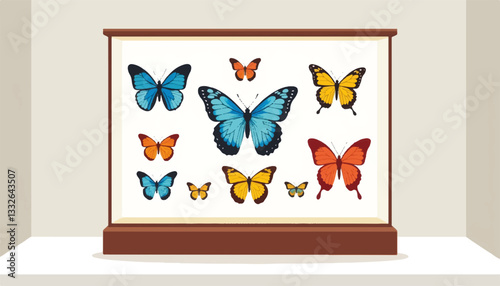 Colorful butterfly specimens displayed in museum exhibit, nature's art