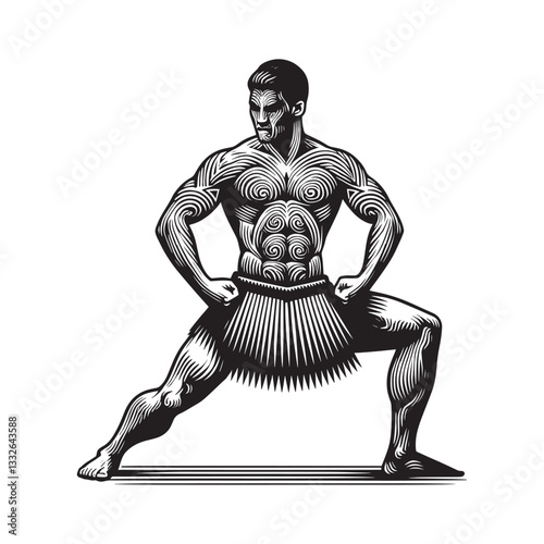 Illustrative depiction of a Maori man performing the Haka dance in monochromatic woodcut style
