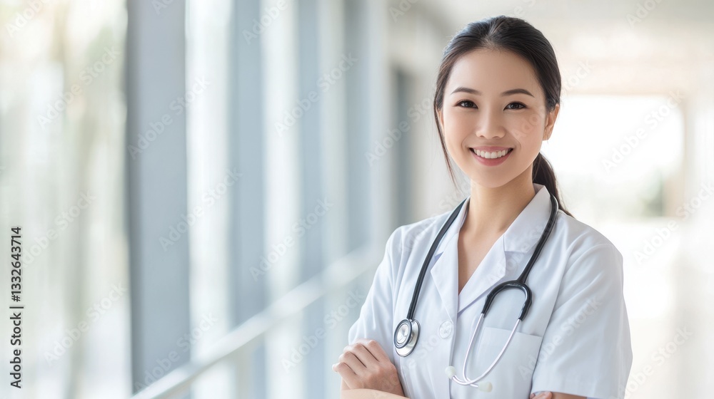 Confident Asian female doctor in a medical uniform, standing in a sunlit hospital corridor. She is smiling warmly, with soft natural lighting. The left side of the image is open for text placement Confident Asian female doctor in a medical uniform, standing in a sunlit hospital corridor. She is smiling warmly, with soft natural lighting. The left side of the image is open for text placement