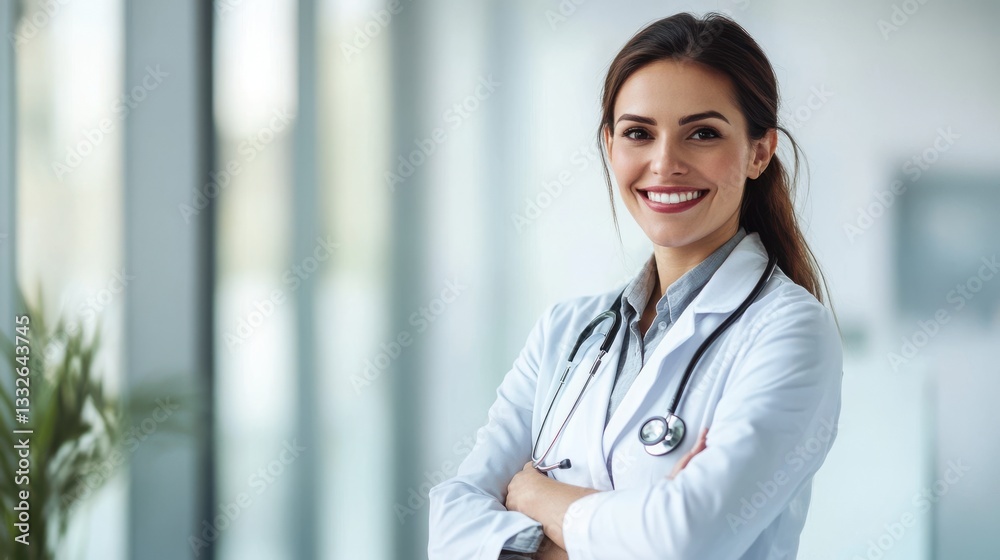 Happy and approachable female doctor in a modern clinical environment. The medical professional is positioned on the right side, leaving a well-balanced negative space on the left for copy text Happy and approachable female doctor in a modern clinical environment. The medical professional is positioned on the right side, leaving a well-balanced negative space on the left for copy text
