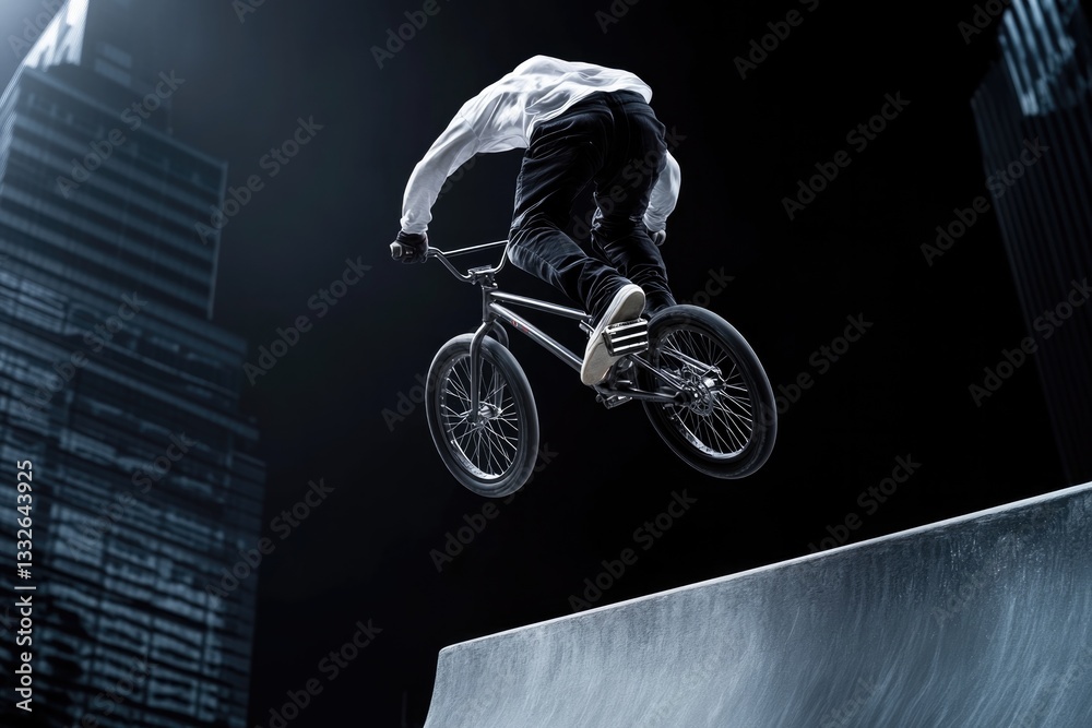 Fototapeta premium Dynamic BMX rider performing an impressive jump against city sky