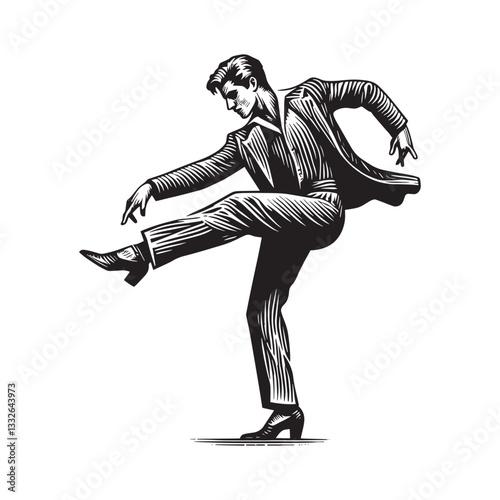 Monochrome illustration portraying a man in a dynamic dance pose with classic woodcut details