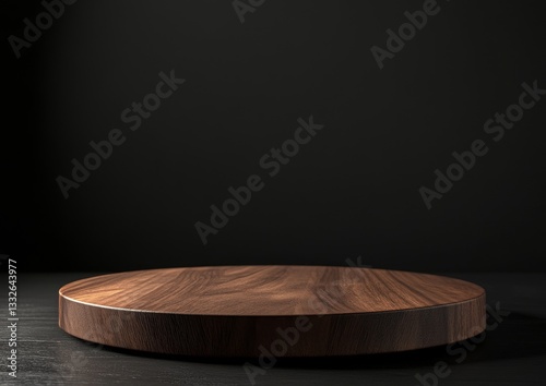 Dark studio shot of a round wooden platform on a dark surface.