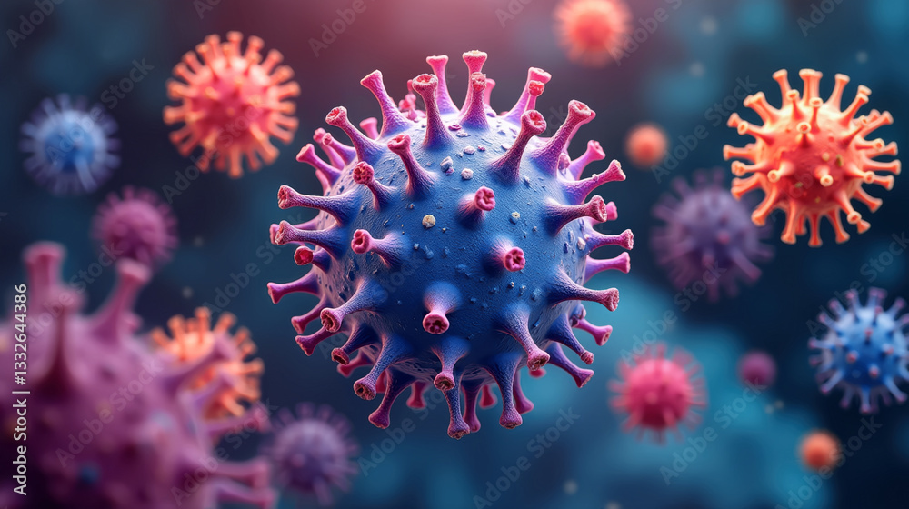 Microscopic image of a virus with a spherical structure and surface spikes. Conceptual image representing the study of pathogens, microbiology, and advanced virology in scientific research Microscopic image of a virus with a spherical structure and surface spikes. Conceptual image representing the study of pathogens, microbiology, and advanced virology in scientific research