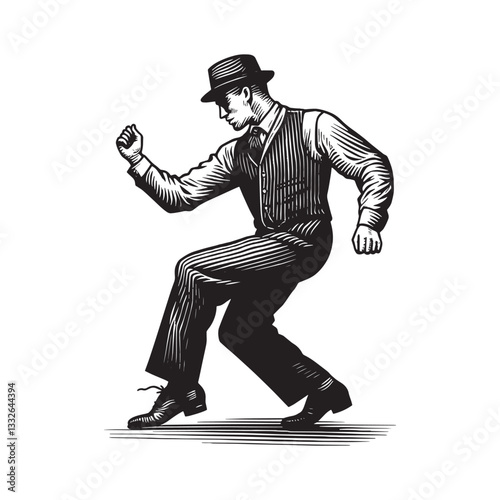 Rhythmic expression a man performing West Coast Swing in stylized woodcut art