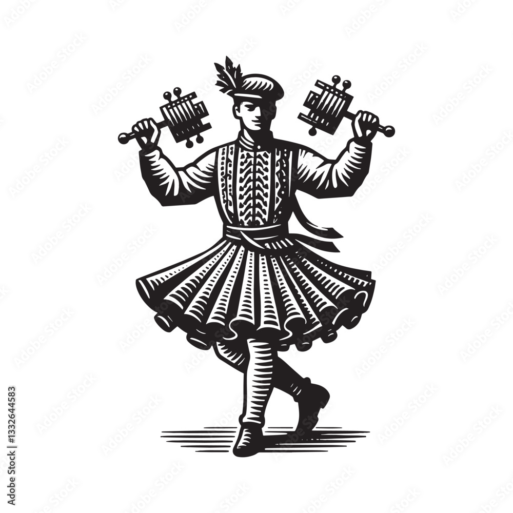 Fototapeta premium Traditional dance rendition with woodcut illustration, expressive figure and attire
