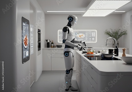 A futuristic kitchen with a humanoid robot cooking