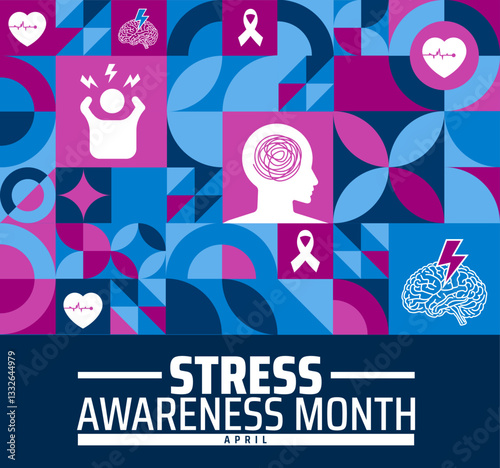 Stress Awareness Month geometric shape pattern background banner or poster design template. observed every year in  April. Holiday concept. Use to any Template, card, poster, placard, template.
