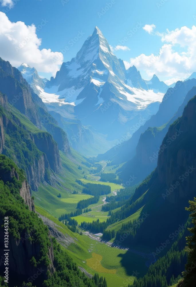 Obraz premium breathtaking aerial perspectives grand mountain peaks surrounded lush landscapes clear blue skies, scenery, sky, clouds, nature, altitude, elevation