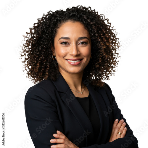 Confident businesswoman with curly hair and warm smile in professional corporate headshot isolated on transparent background