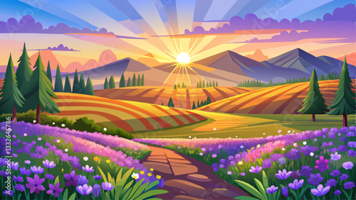 Beautiful panorama rural landscape with sunrise and blossoming meadow. purple flowers flowering on spring field, Phacelia