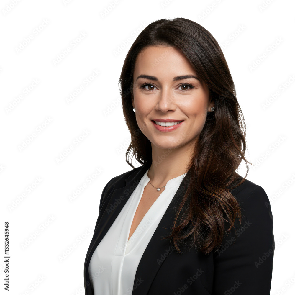 Confident professional woman in black blazer and white blouse with warm smile in a corporate headshot isolated on transparent background Confident professional woman in black blazer and white blouse with warm smile in a corporate headshot isolated on transparent background