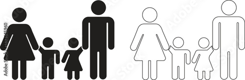 Parents and child family icon solid in flat, line set