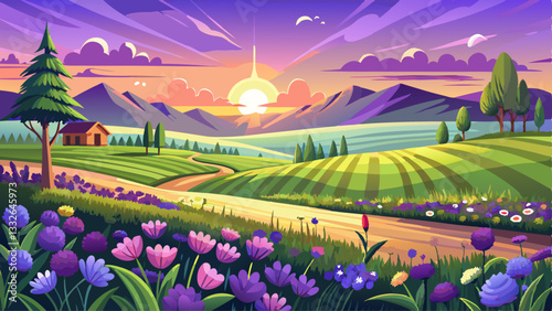 Beautiful panorama rural landscape with sunrise and blossoming meadow. purple flowers flowering on spring field, Phacelia