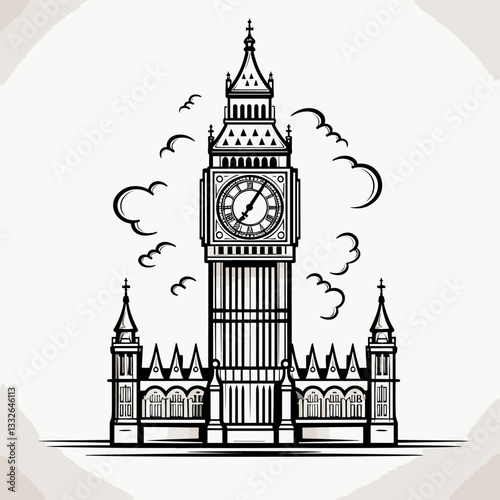 Big Ben hand-drawn comic illustration. Big Ben. Vector doodle style cartoon illustration