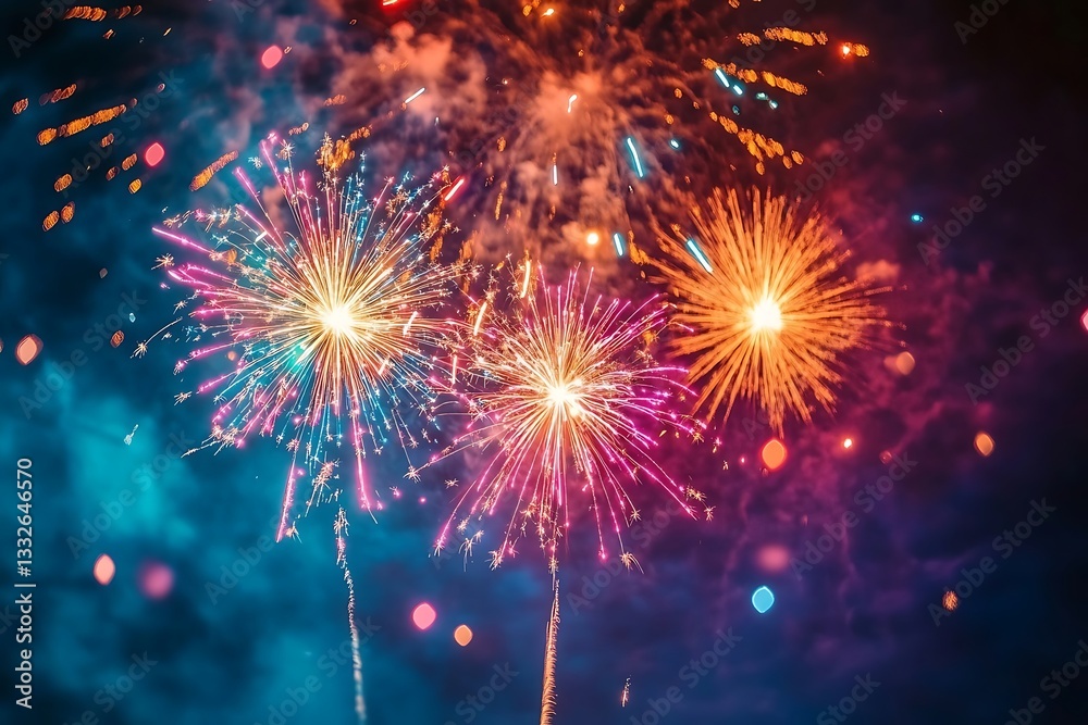 Fototapeta premium Pink Fireworks Night Display with Bokeh