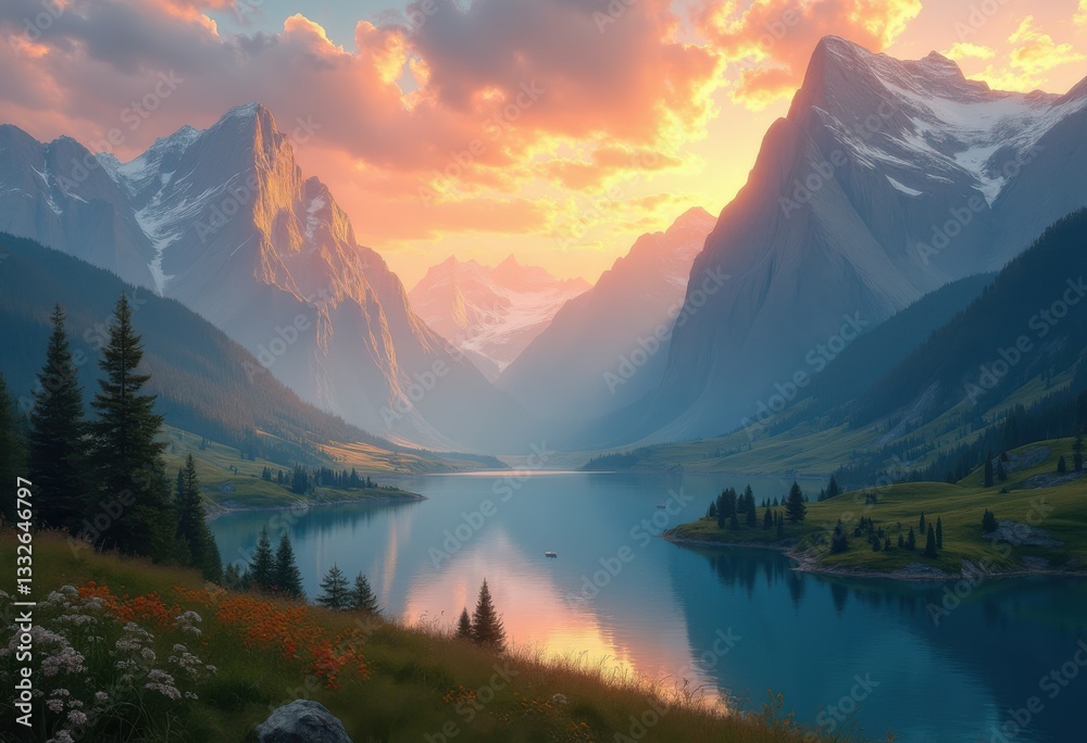 Fototapeta premium majestic mountain sunrise illuminating tranquil landscape vibrant colors serene atmosphere, view, scenery, nature, sky, clouds, light, reflection, lake