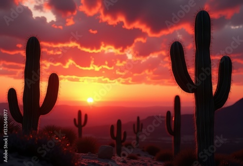 stunning cactus silhouettes front vibrant sunset skies creating mesmerizing visual contrast, sky, background, light, color, landscape, scene, orange