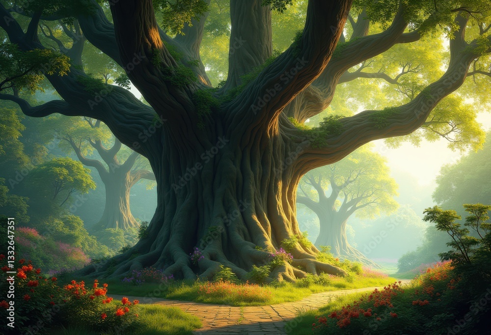 Fototapeta premium majestic trees highlighting alluring textures lush greenery vibrant colors, nature, foliage, forest, branches, trunks, bark, leaves, sunlight, shadows, roots
