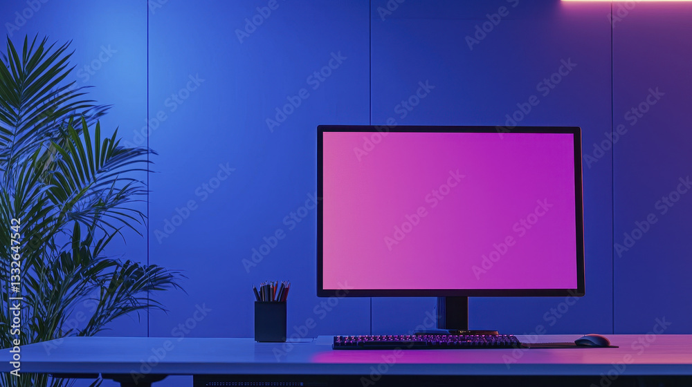modern creative studio featuring computer monitor with vibrant background. workspace is illuminated with colorful lighting modern creative studio featuring computer monitor with vibrant background. workspace is illuminated with colorful lighting