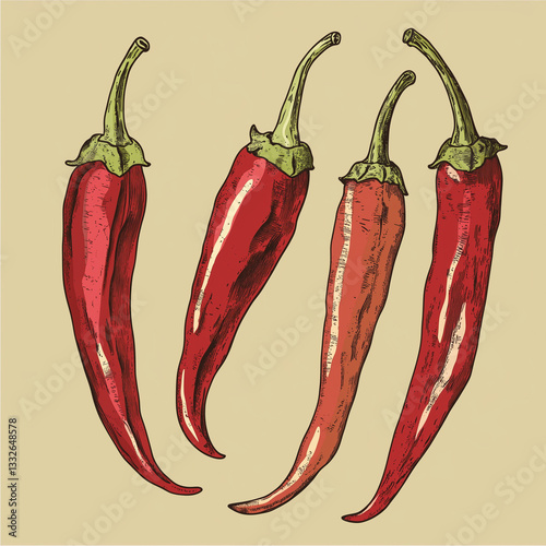 Hand-drawn red chili peppers on beige background

