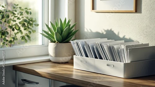 Organized Workspace: Desk with Documents, Plant, and Sunlight