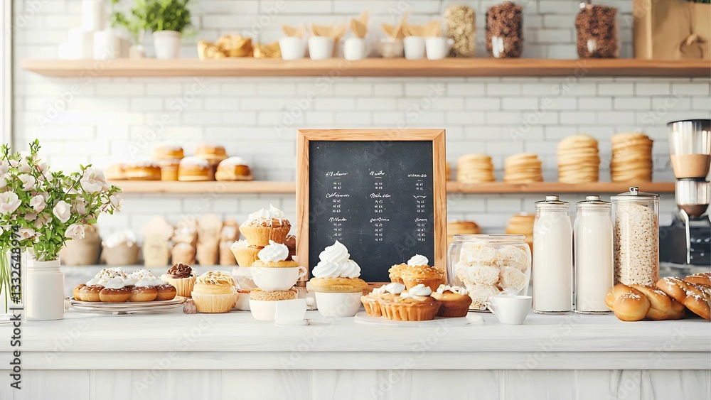 Fototapeta premium baked goods and menu displayed on a counter in a bakery.