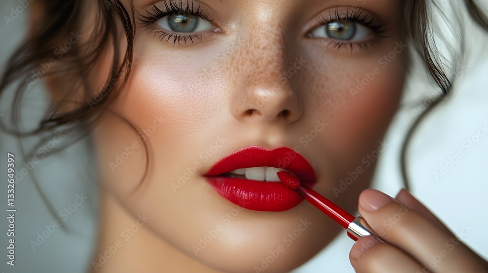 Beautiful woman applying red lipstick on full lips makeup Beautiful woman applying red lipstick on full lips makeup