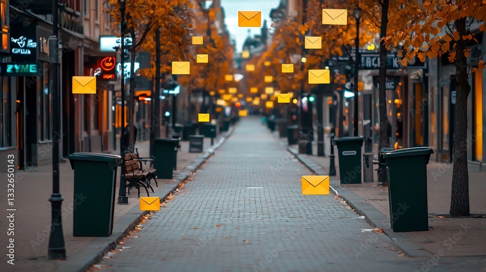 Obraz premium Autumn city street lined with mail envelopes, empty walkway.