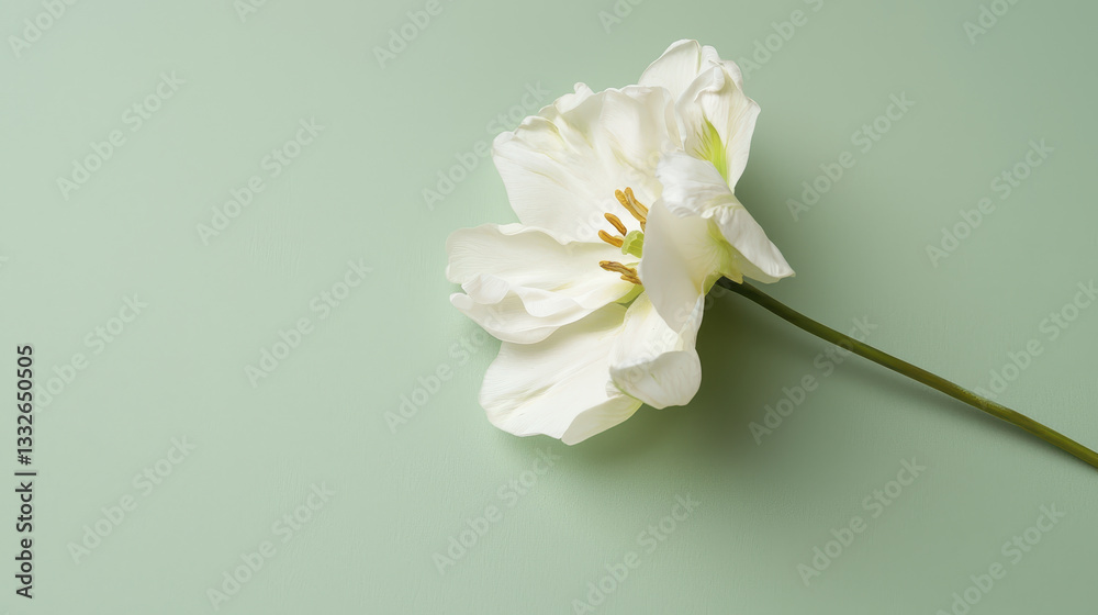 Fototapeta premium delicate white flower on soft green background, symbolizing tranquility and beauty