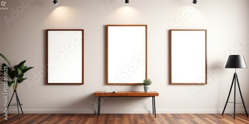 Modern minimalist interior design with three blank frames
