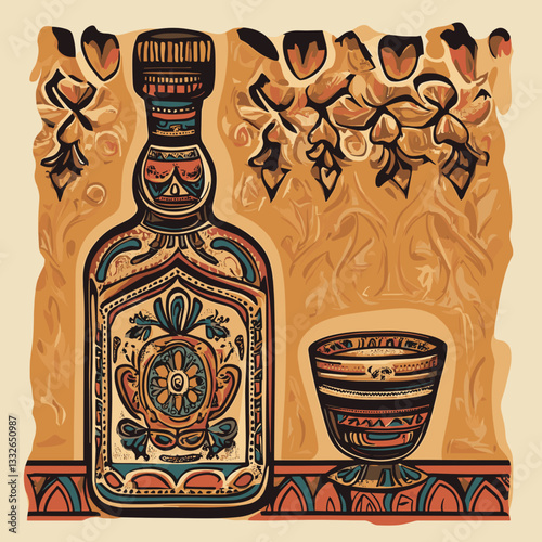 Decorative tequila bottle and shot glass with intricate Mexican patterns

