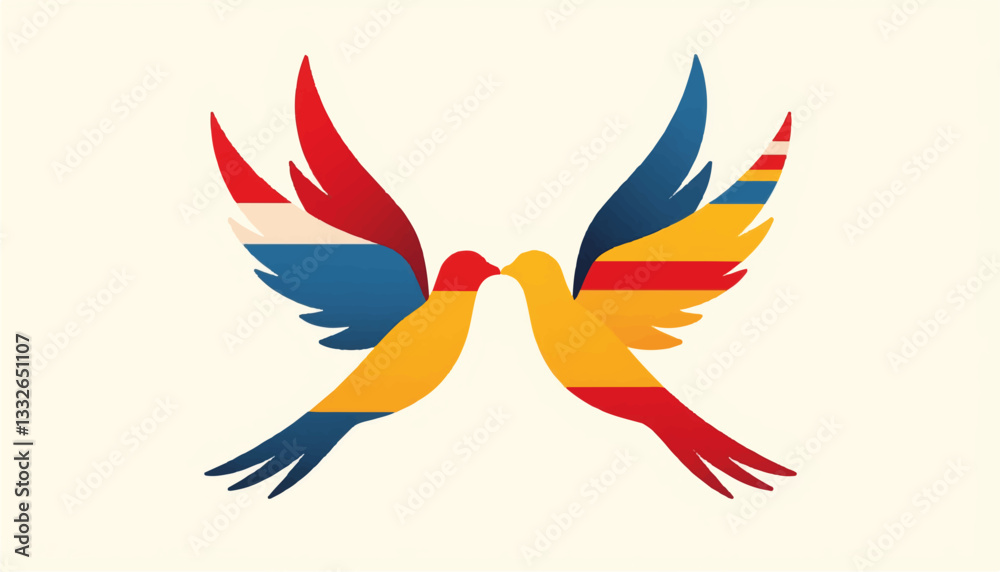 Fototapeta premium Two abstract birds flying together with wings of flags, international friendship