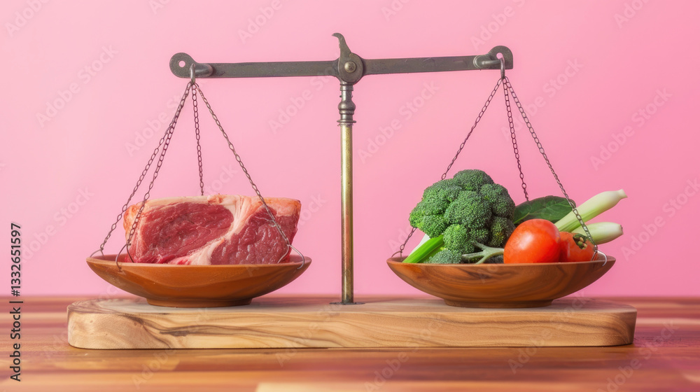 scales on a wooden table, a piece of meat on one bowl, fresh vegetables on the other, the concept of choosing between vegetarianism or meat dishes, pink background scales on a wooden table, a piece of meat on one bowl, fresh vegetables on the other, the concept of choosing between vegetarianism or meat dishes, pink background
