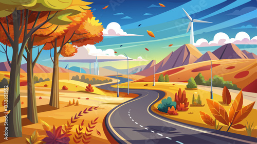 View of windy fall road landscape