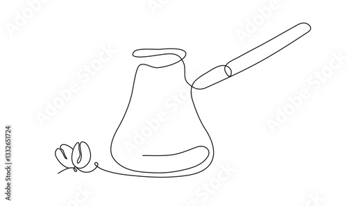 A turk for making freshly brewed coffee on roasted beans. Simple linear vector graphics in the style of line art, a single line. The traditional method of making Arabica coffee.