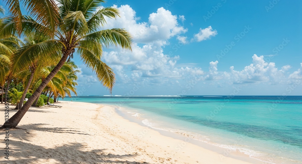Fototapeta premium Tropical beach with palm trees and clear turquoise waters under a bright blue sky