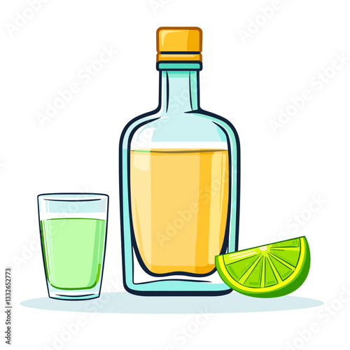 Tequila bottle with a shot glass and lime wedge on a white background

