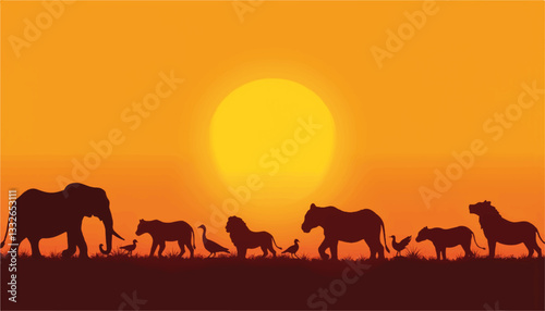 Silhouettes of diverse animals against sunset on savannah, wildlife beauty