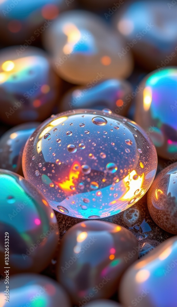 Fototapeta premium A close-up shot of smooth, translucent pebbles with iridescent, rainbow-like reflections and water droplets, creating a magical, ethereal, and colorful texture .