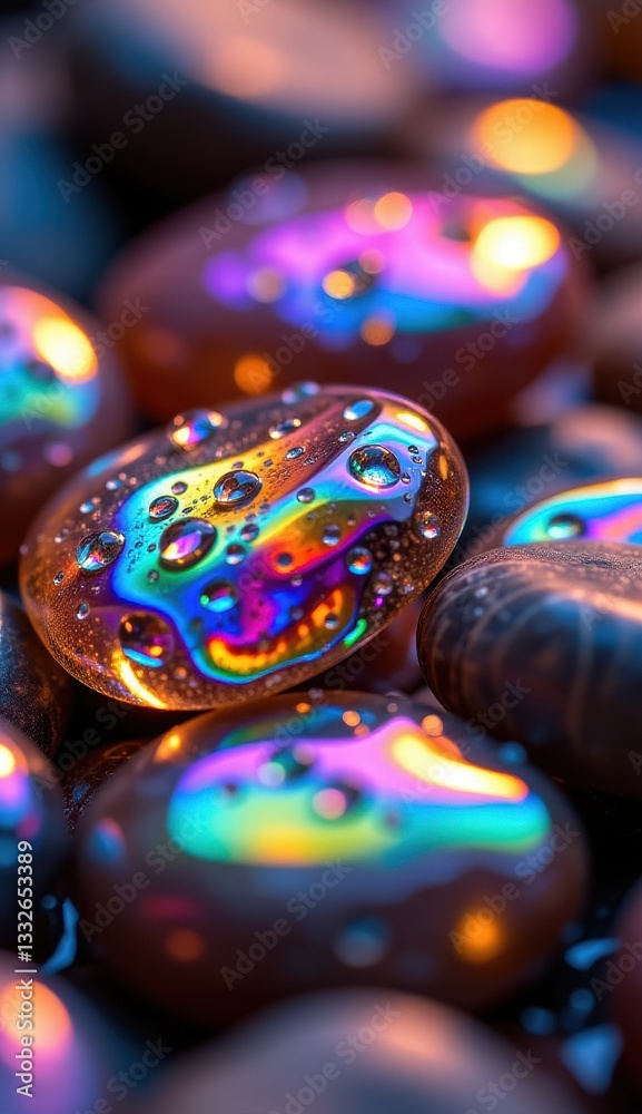 Fototapeta premium A close-up shot of smooth, translucent pebbles with iridescent, rainbow-like reflections and water droplets, creating a magical, ethereal, and colorful texture .
