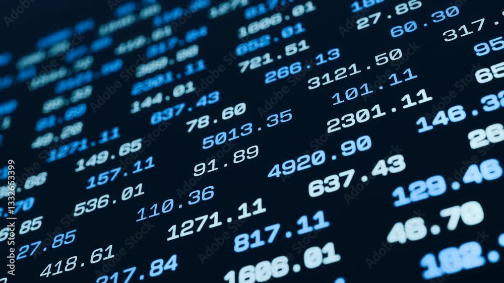 Ticker board, numbers in blue, business data and statistics. Planning, strategy, progress, market research, big data, finance, trading, stock market. animation