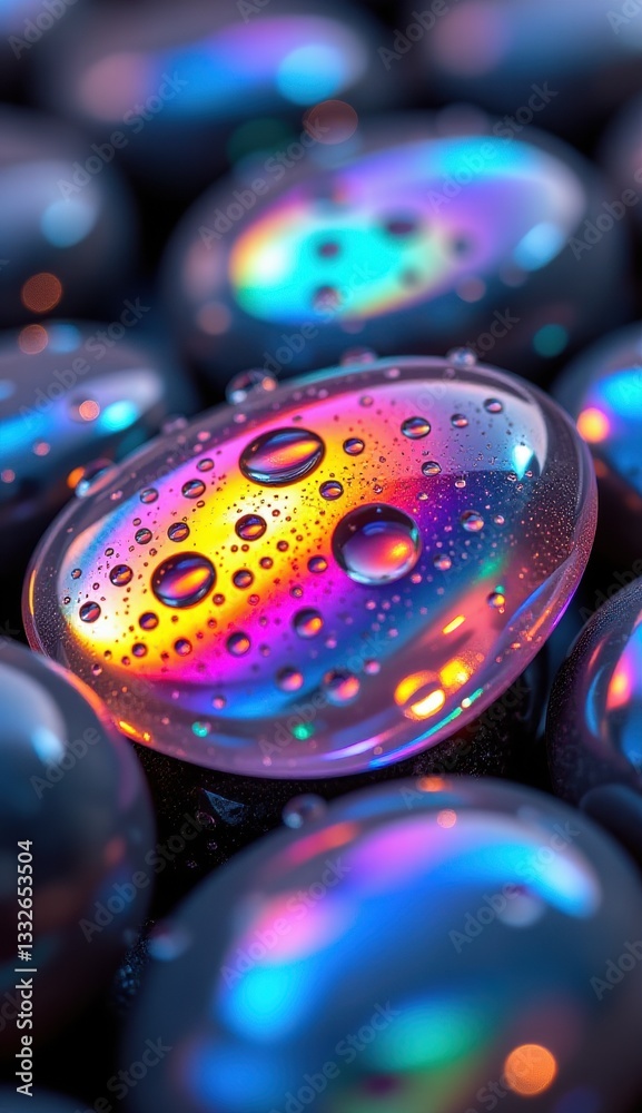 Fototapeta premium A close-up shot of smooth, translucent pebbles with iridescent, rainbow-like reflections and water droplets, creating a magical, ethereal, and colorful texture .