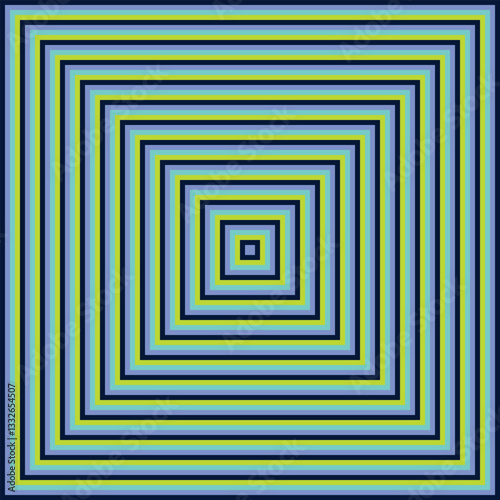 Visual effect created by neon green, aqua and blue squares getting progressively smaller