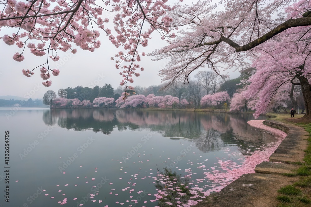 Tranquil lake scene adorned with blooming cherry blossoms, reflecting a peaceful atmosphere and serene nature.