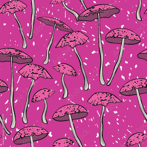 Seamless pattern with mushrooms. Hand drawn vector illustration. Vegan food menu. Poisonous and edible mushroom. Autumn mushroom picking, forest plant sketches.