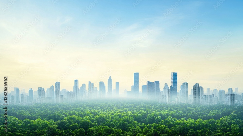 Fototapeta premium Urban Skyline Overlooking Lush Green Forest in Early Morning Light