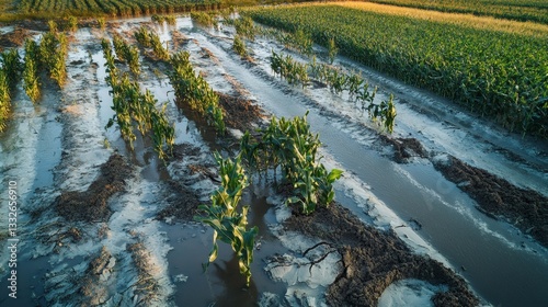 Waterlogged agricultural crop field inundated with substantial flooding levels