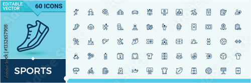 Sports icons set. Includes thin line fitness, gym, activity, competition, game, fit and more. Line icon with editable stroke. Exercise icon set. Editable vector outline and solid icons.