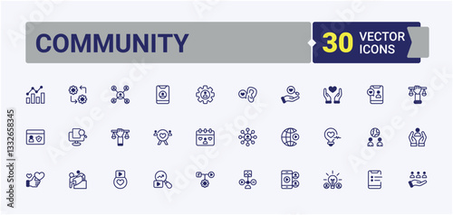 Community icons set. Includes symbols for society, friends, support, care, team and more. Social icons set. Vector illustration in modern line and solid style icons.